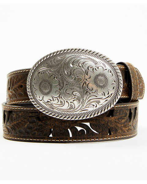 Image #1 - Shyanne Women's Oval Scroll Buckle Tooled Cut Out Belt, Brown, hi-res