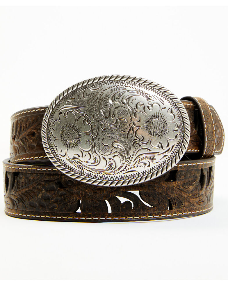 Shyanne Women's Brown Oval Scroll Buckle Tooled Cut Out Belt, Brown, hi-res