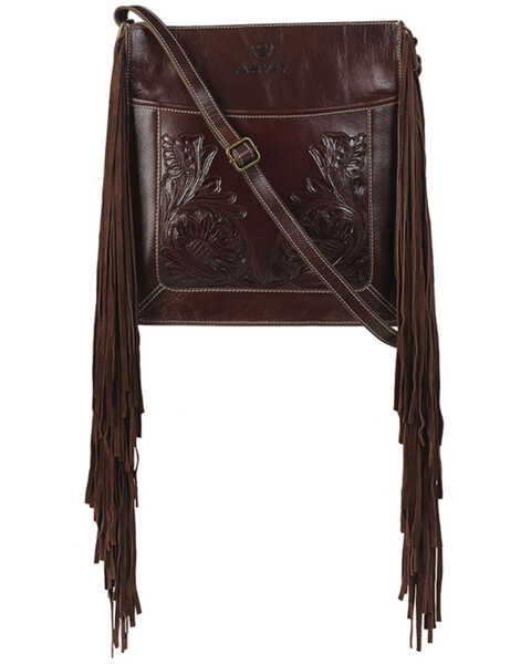 Ariat Women's Victoria Tooled Leather Fringe Concealed Carry Messenger Bag, Brown, hi-res