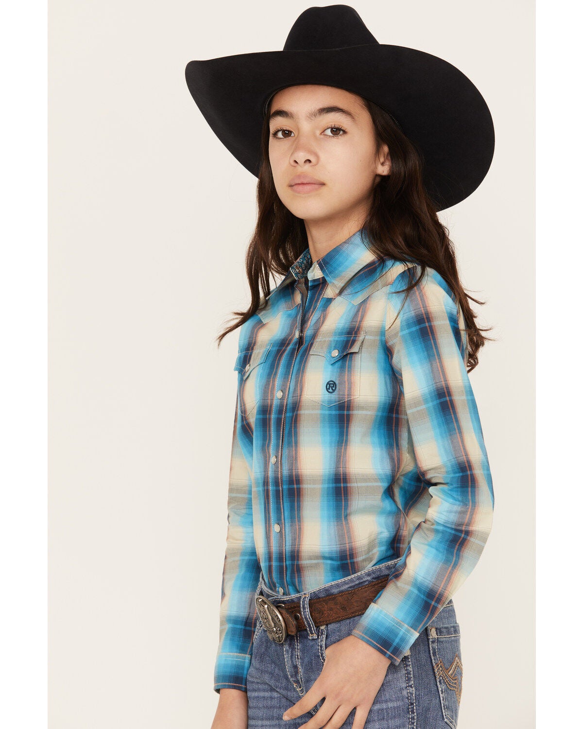 Image #2 - Roper Girls' Plaid Print Long Sleeve Pearl Snap Western Shirt, , hi-res