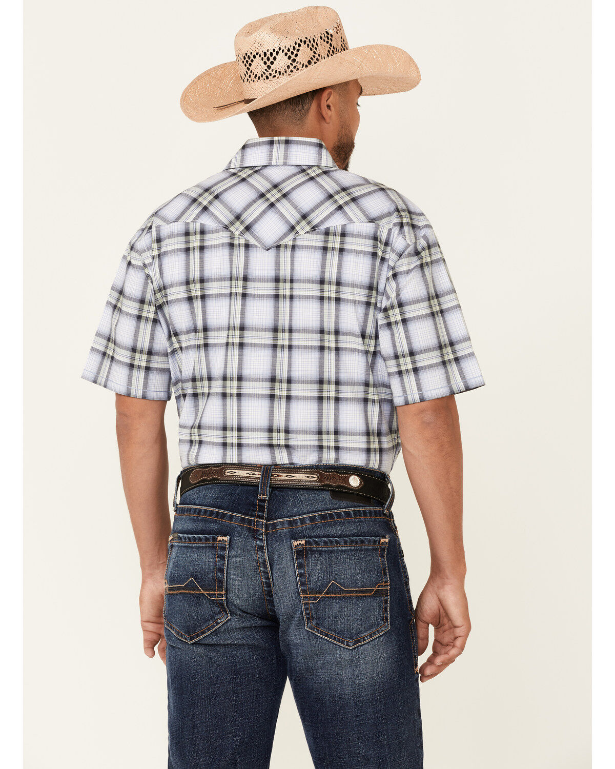 Image #4 - Rough Stock By Panhandle Men's Large Dobby Plaid Print Short Sleeve Pearl Snap Western Shirt, , hi-res
