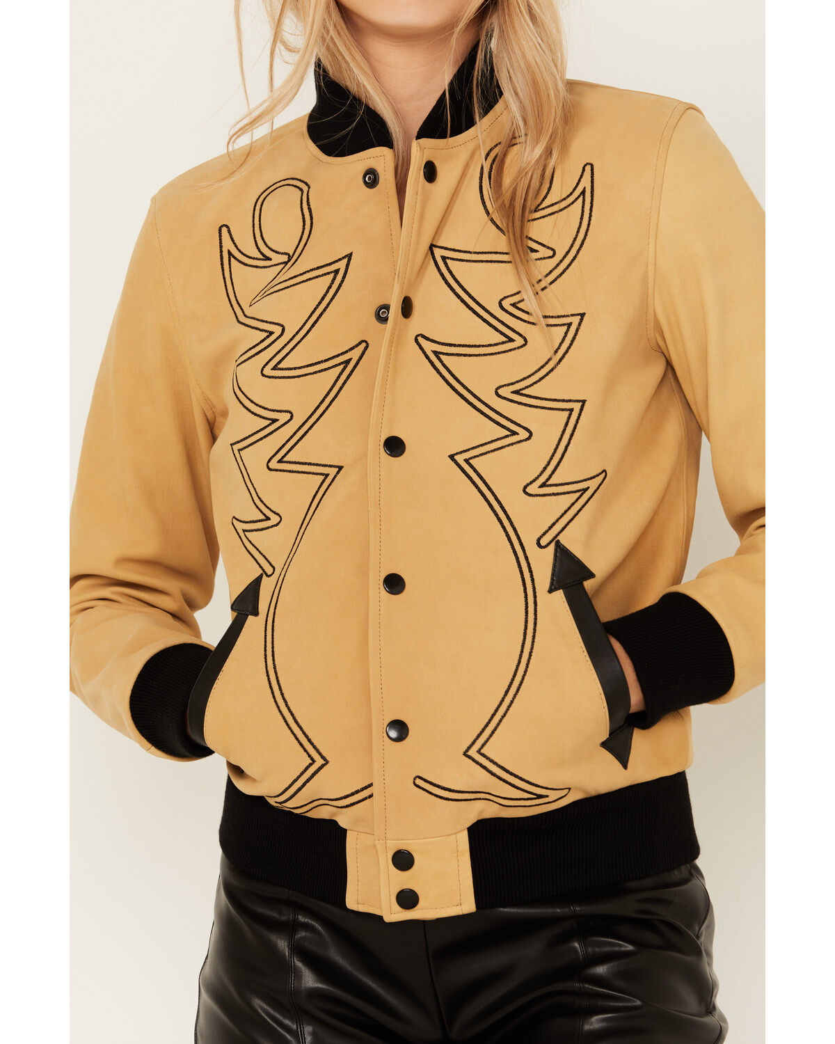 Image #4 - Western & Co Women's Embroidered Leather Bomber Jacket, Tan, hi-res