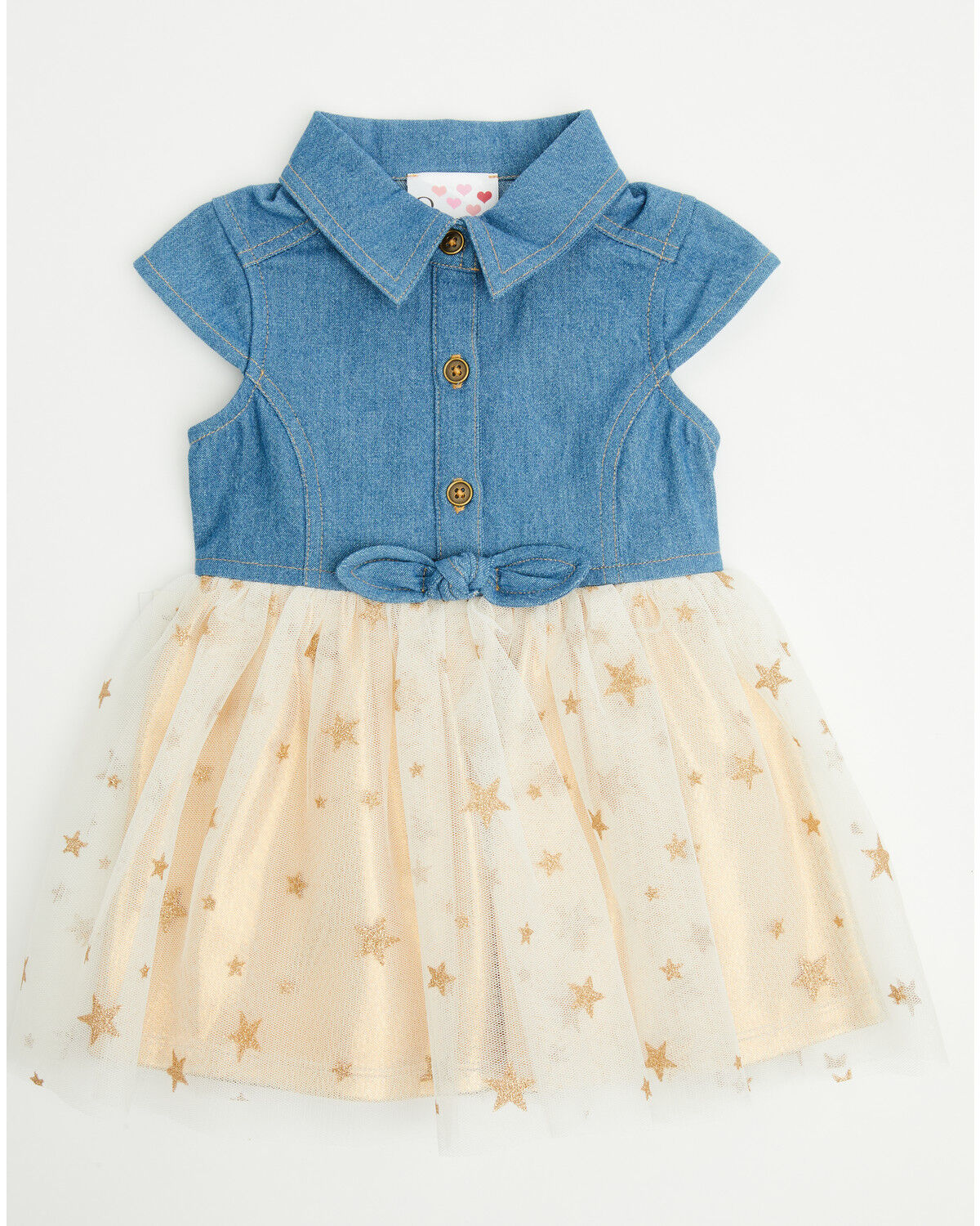 Image #1 - Sugar California Infant Girls' Denim and Tulle Gold Star Dress, Multi, hi-res