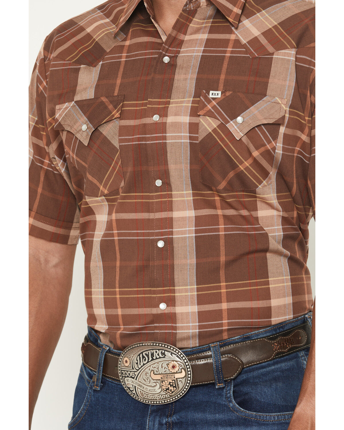 Image #3 - Ely Walker Men's Boot Barn Exclusive Plaid Print Short Sleeve Pearl Snap Western Shirt - Big, Brown, hi-res