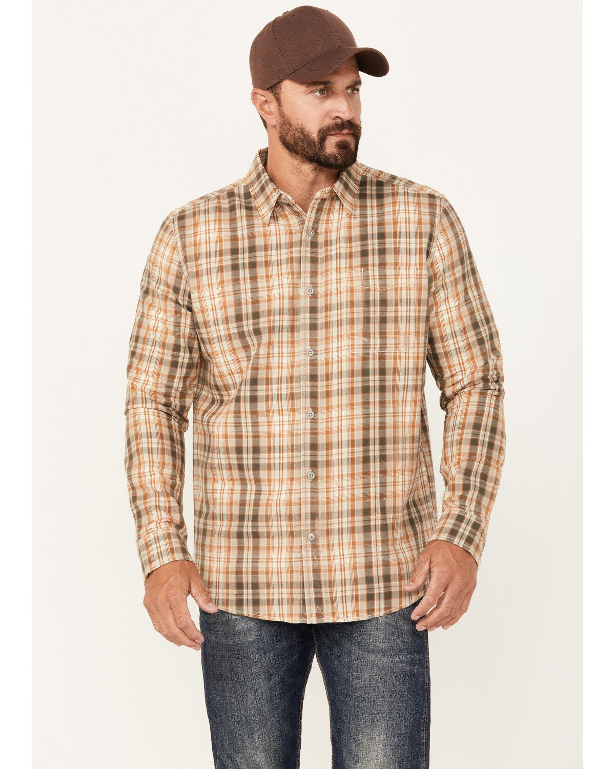 Brothers and Sons Men's Plaid Print Long Sleeve Button Down Western Shirt, Chocolate, hi-res