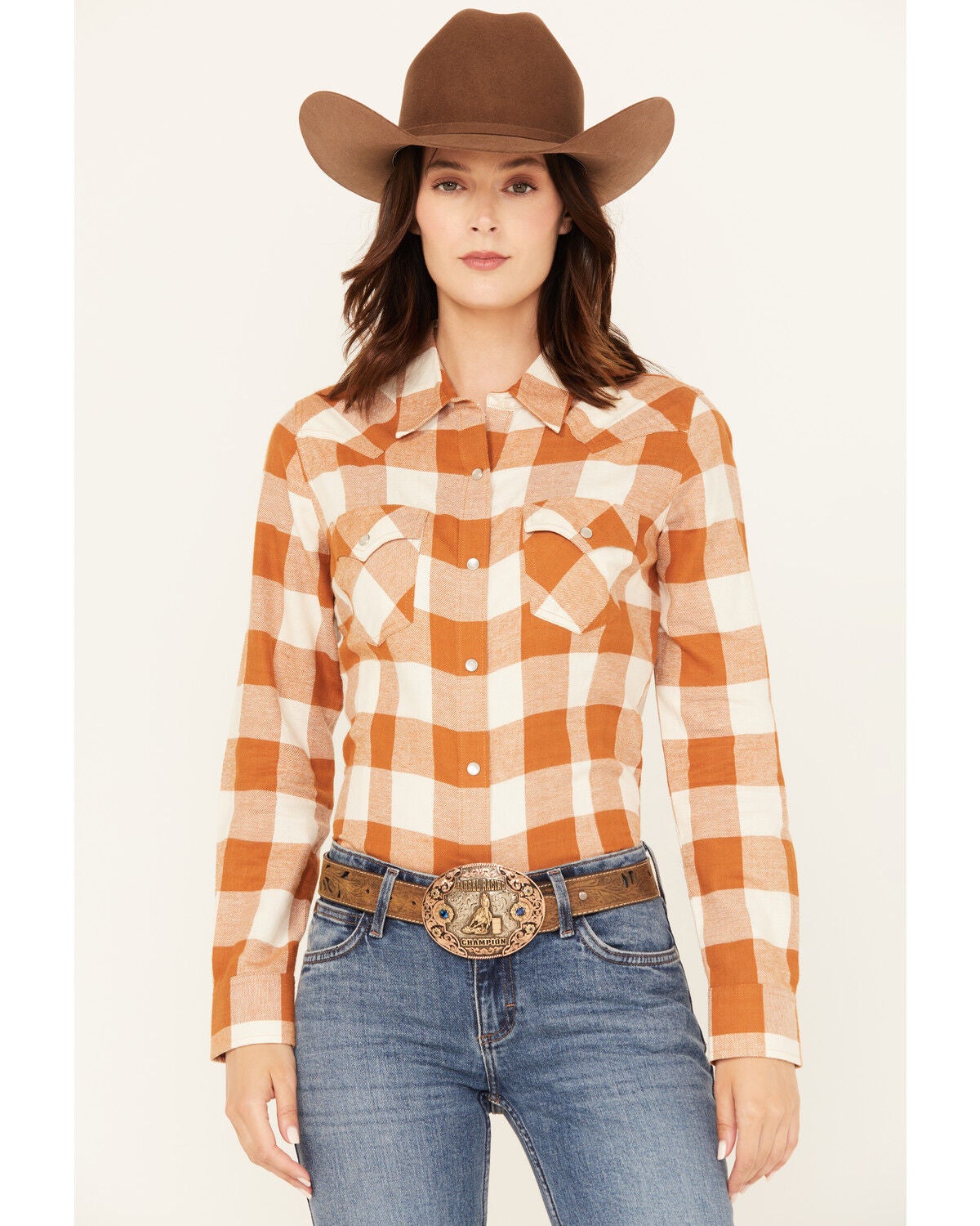 Wrangler Retro Women's Boot Barn Exclusive Plaid Print Long Sleeve Pearl Snap Flannel Shirt, Rust Copper, hi-res