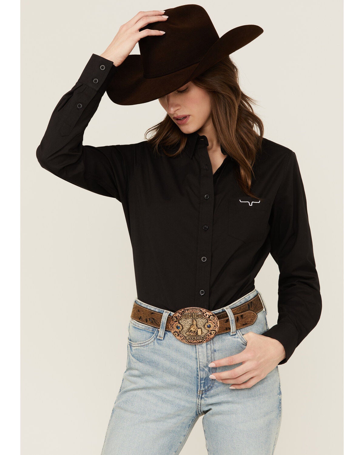 Kimes Ranch Women's Logo Long Sleeve Button-Down Western Shirt, Black, hi-res