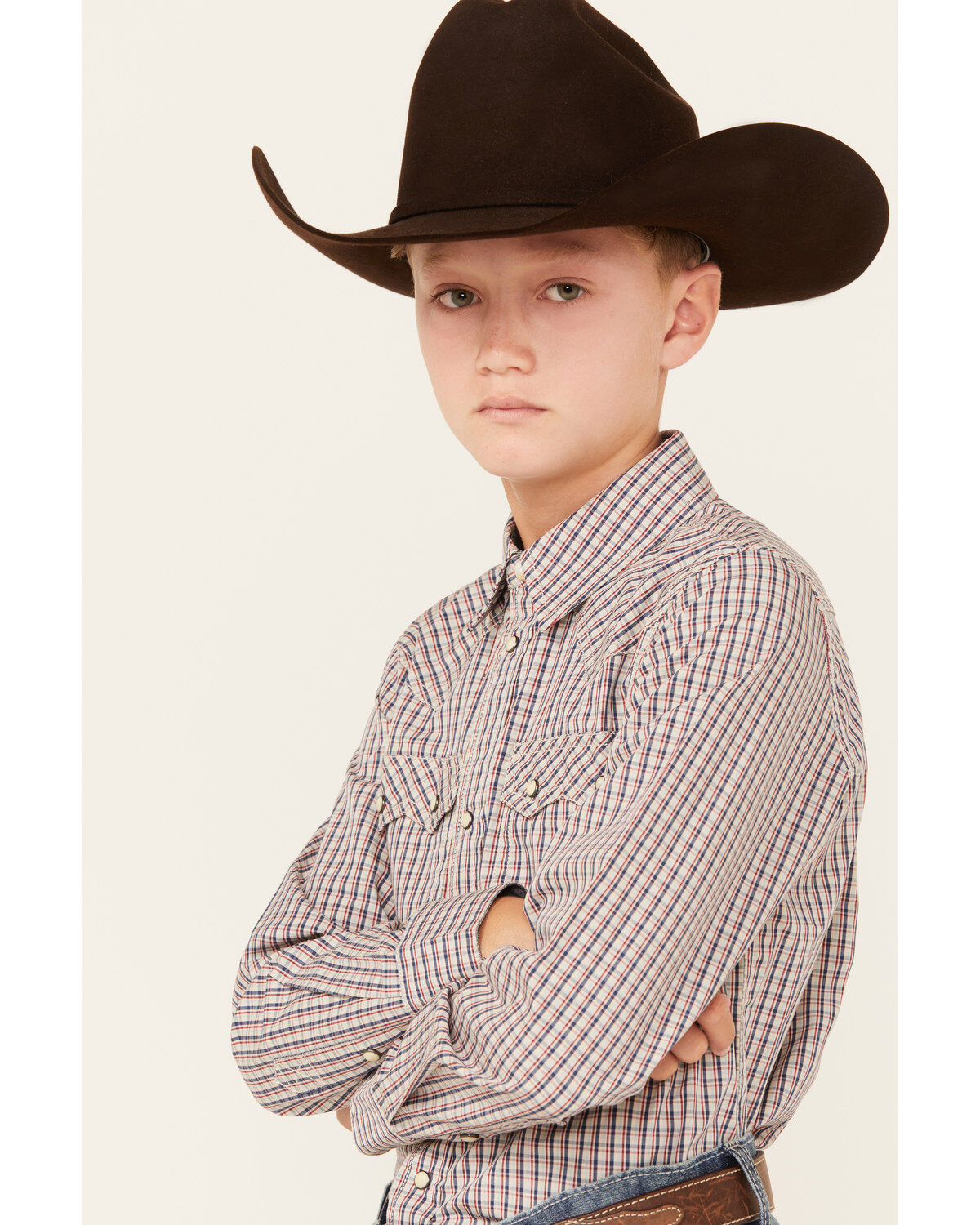 Image #2 - Cody James Boys' Rowdy Plaid Print Long Sleeve Snap Western Shirt, Tan, hi-res