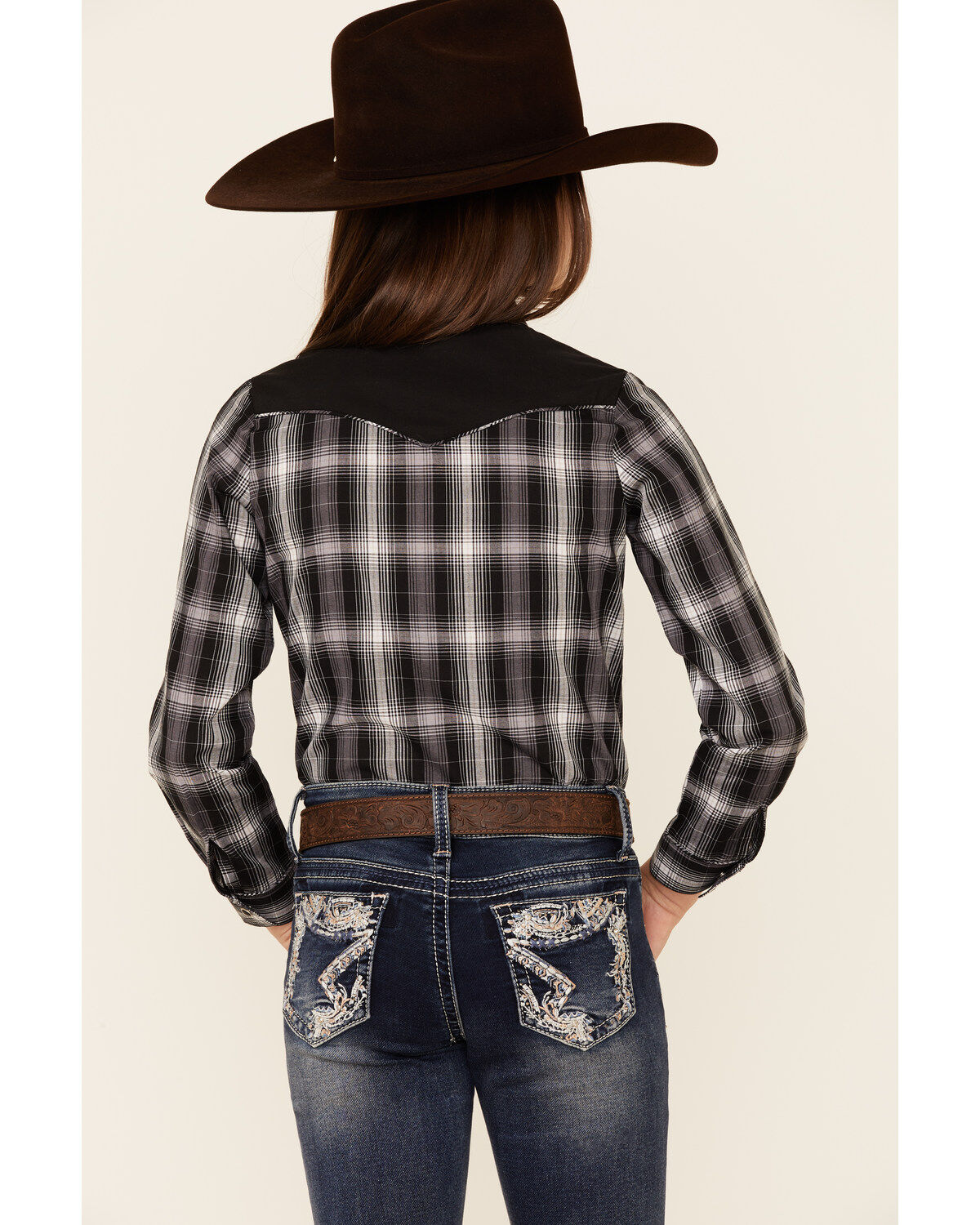 Image #4 - Roper Girls' Plaid Print Fancy Applique Yoke Long Sleeve Snap Western Shirt, Black, hi-res