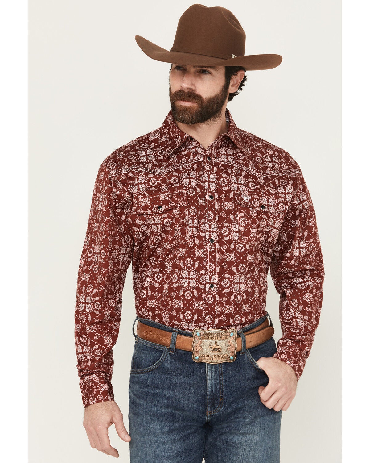 Cowboy Hardware Men's Bandana Long Sleeve Snap Stretch Western Shirt, Red, hi-res