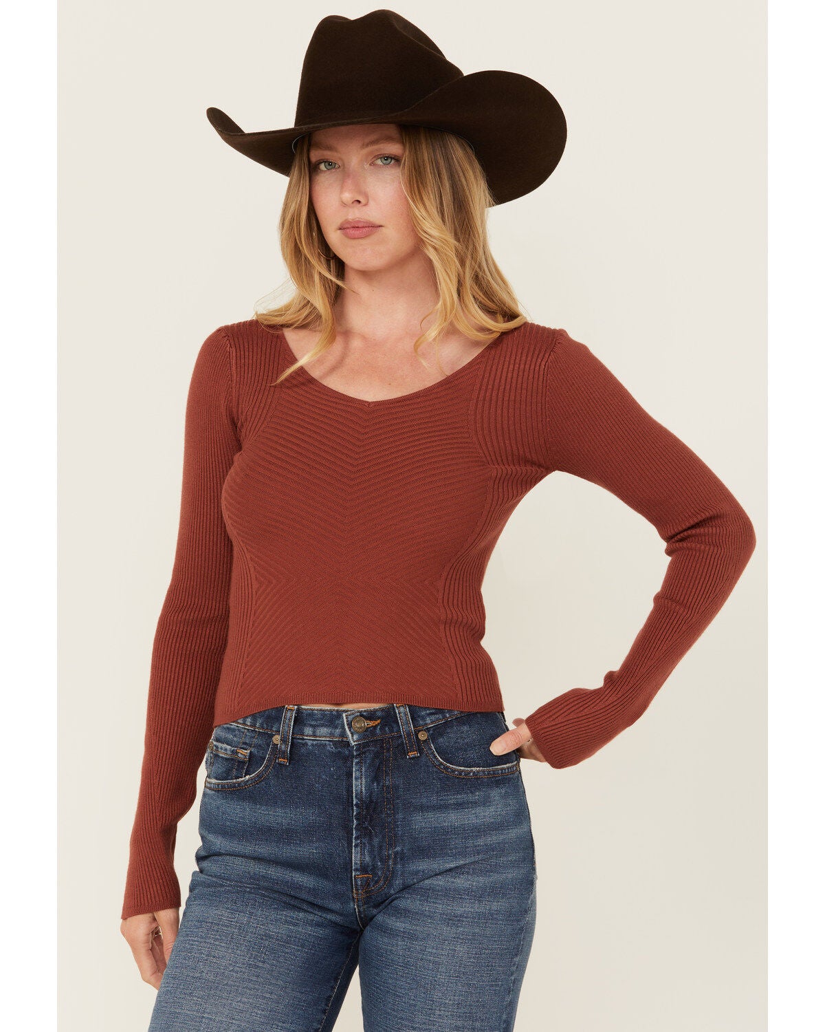 Shyanne Women's Ribbed Long Sleeve Sweater, Mauve, hi-res
