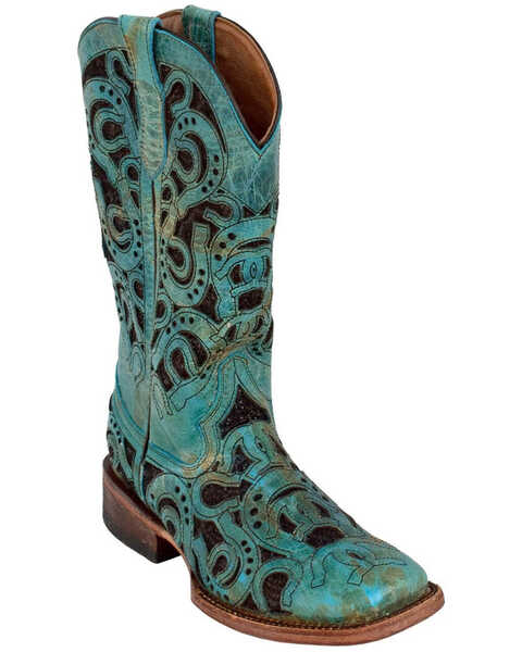 Ferrini Women's Horseshoe Western Boots - Broad Square Toe, Turquoise, hi-res