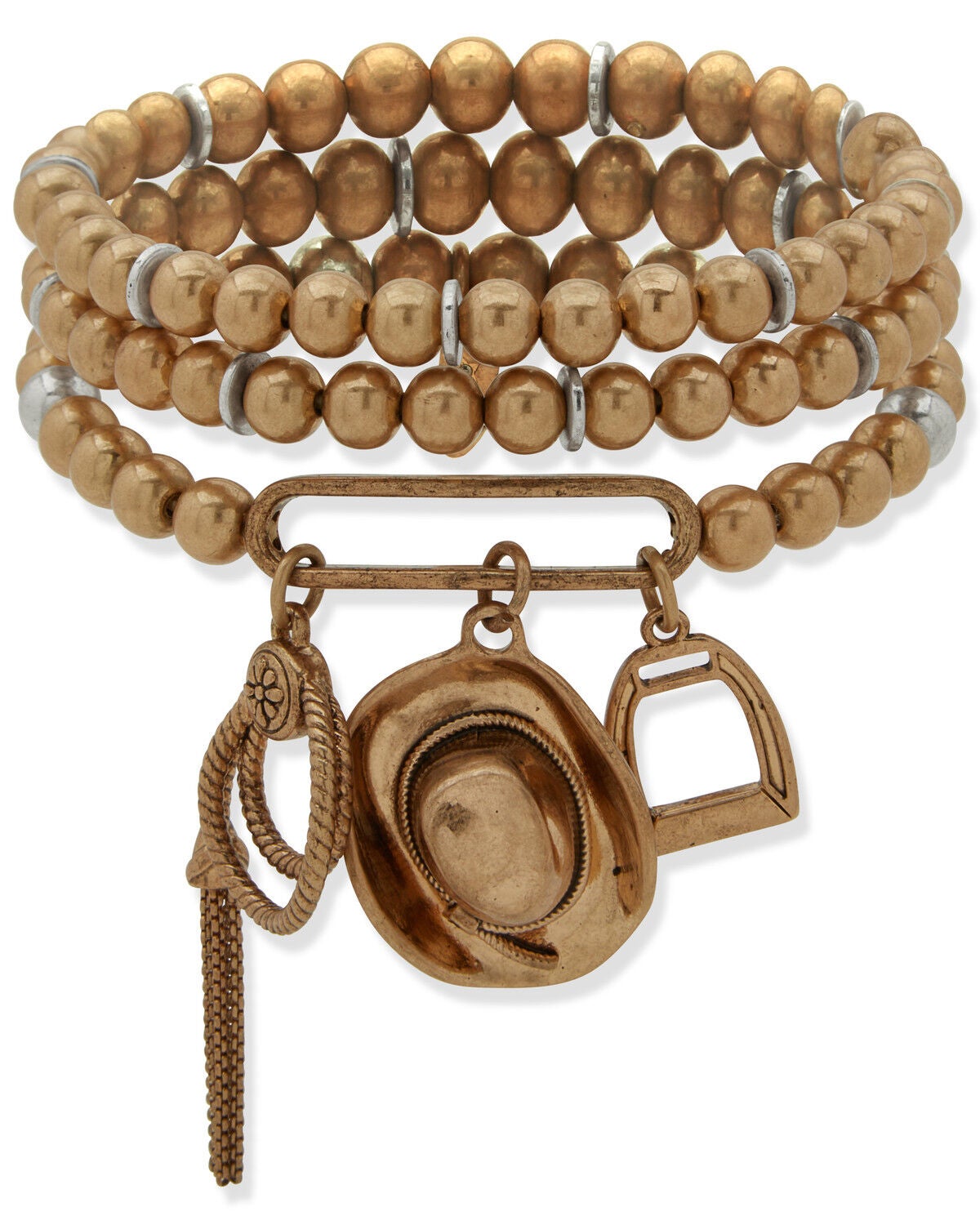 Lainey Wilson Women's Cowboy Hat Charm Stretch Bracelet Set - 3 Piece, Gold, hi-res