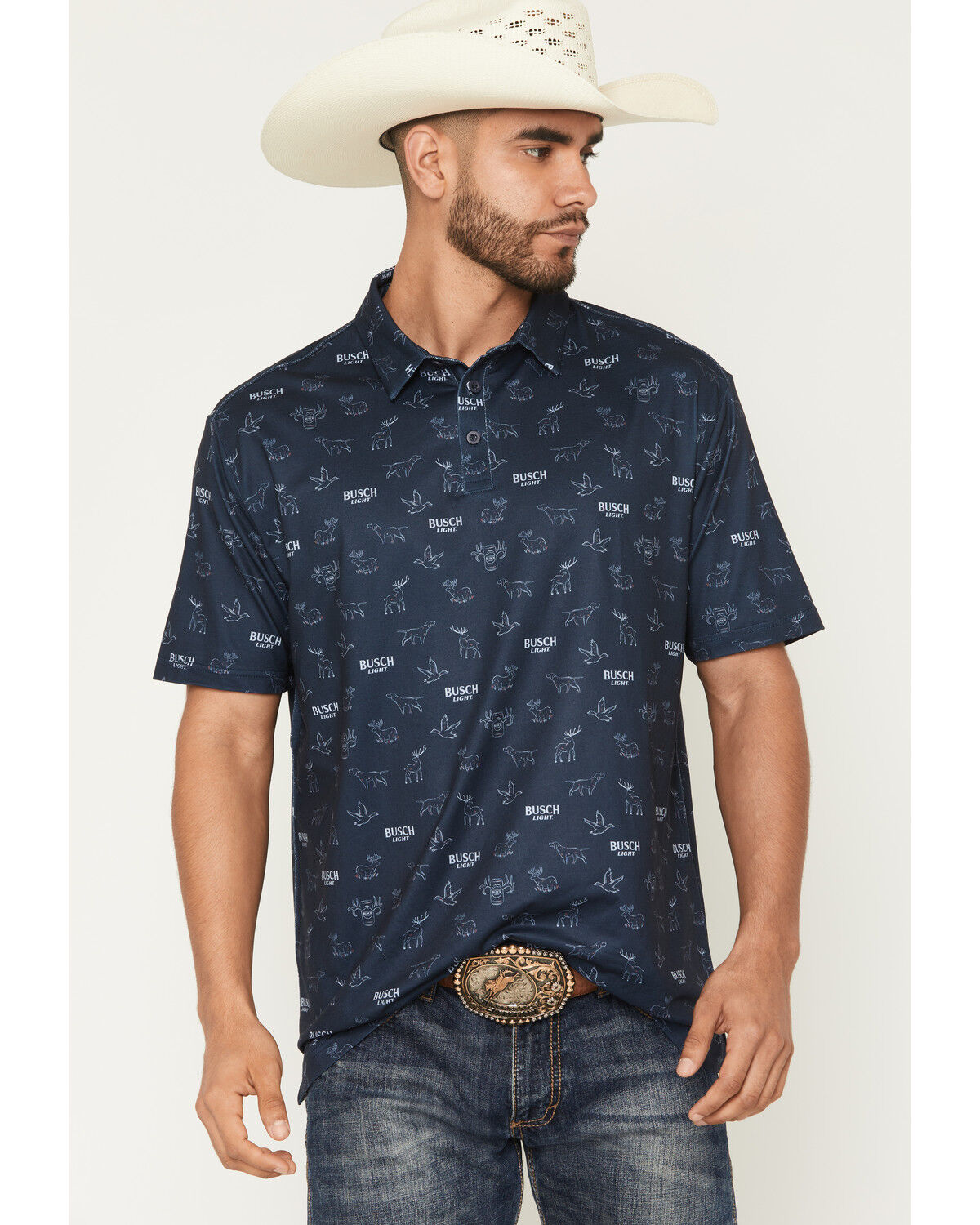 Image #1 - Buckwear Men's Busch Light Repeat Short Sleeve Polo, Navy, hi-res
