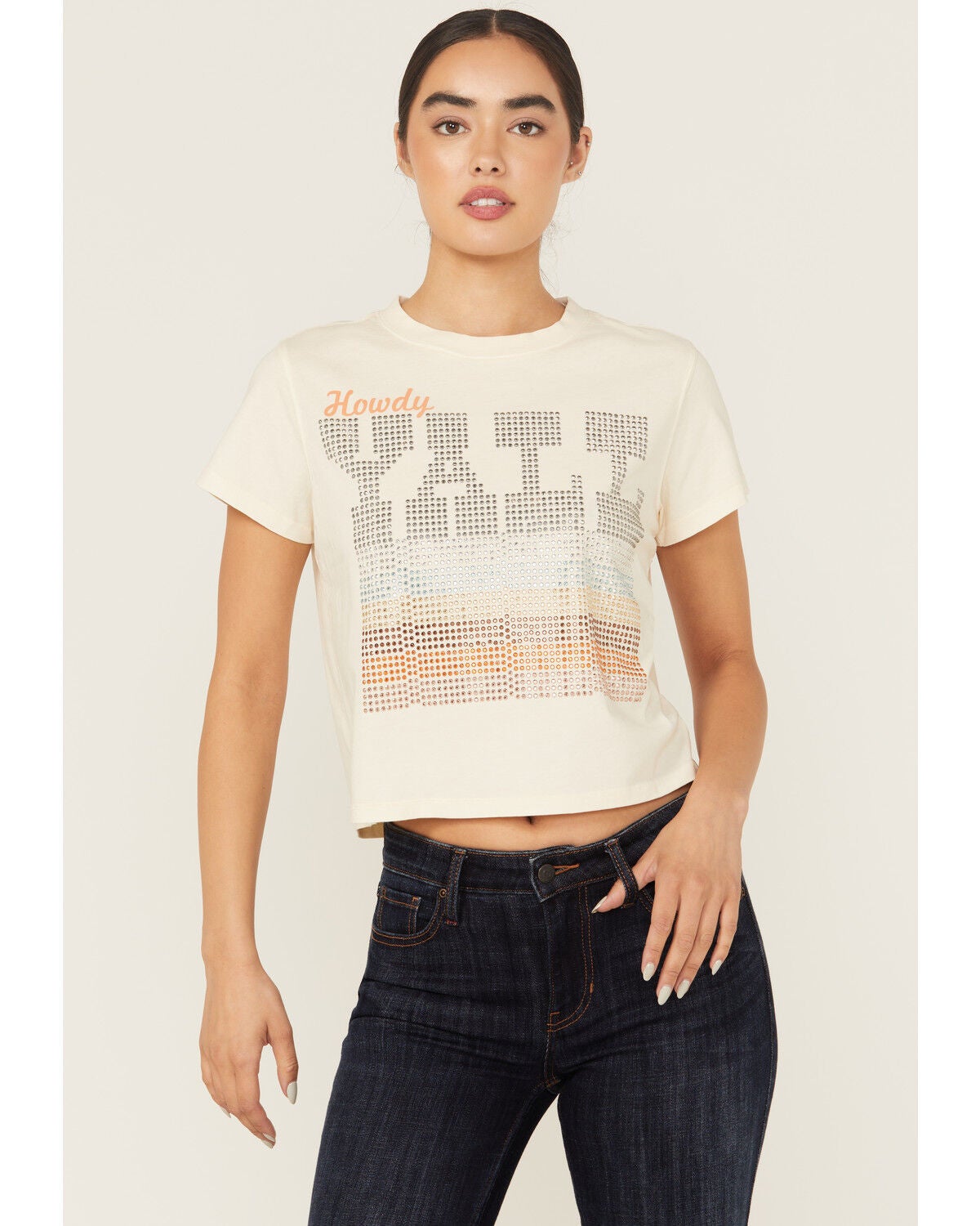 Idyllwind Women's Y'all Embellished Short Sleeve Cropped Graphic Tee, Ivory, hi-res