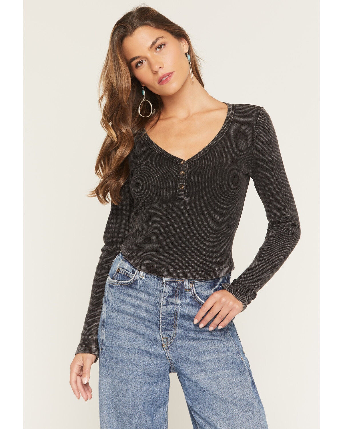 Wild Moss Women's Button-Down Long Sleeve Thermal Shirt, Black, hi-res