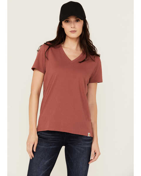 Image #1 - Carhartt Women's Relaxed Fit Lightweight Short Sleeve V Neck T-Shirt, Maroon, hi-res
