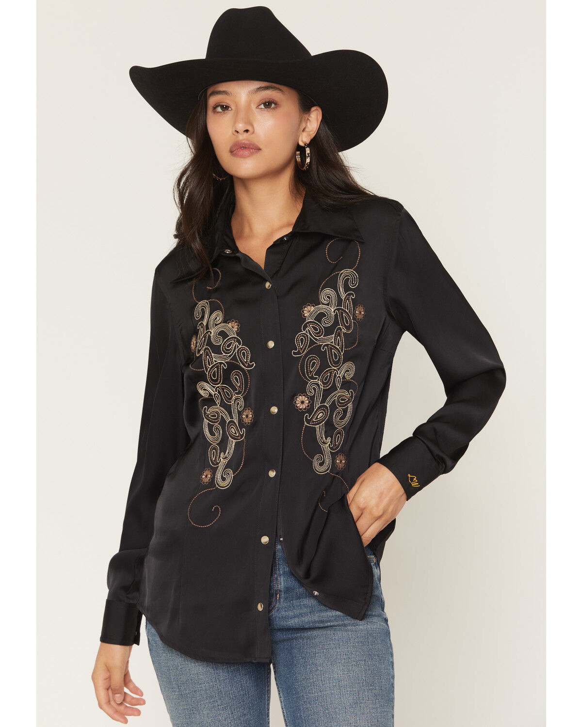 Wrangler X Lainey Wilson Women's Paisley Embroidered Long Sleeve Snap Satin Western Shirt, Black, hi-res