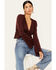 Wild Moss Women's Tie Front Cropped Cardigan Sweater, Burgundy, hi-res