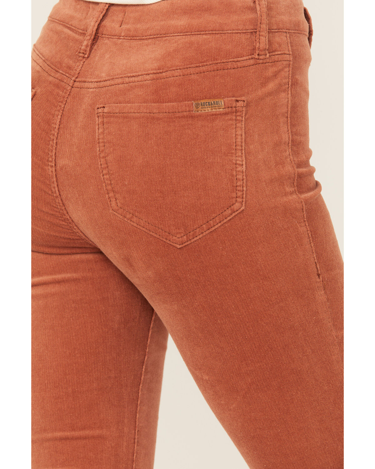 Image #4 - Rock & Roll Denim Women's High Rise Corduroy Button Bargain Bell Flare Jeans, Rust Copper, hi-res
