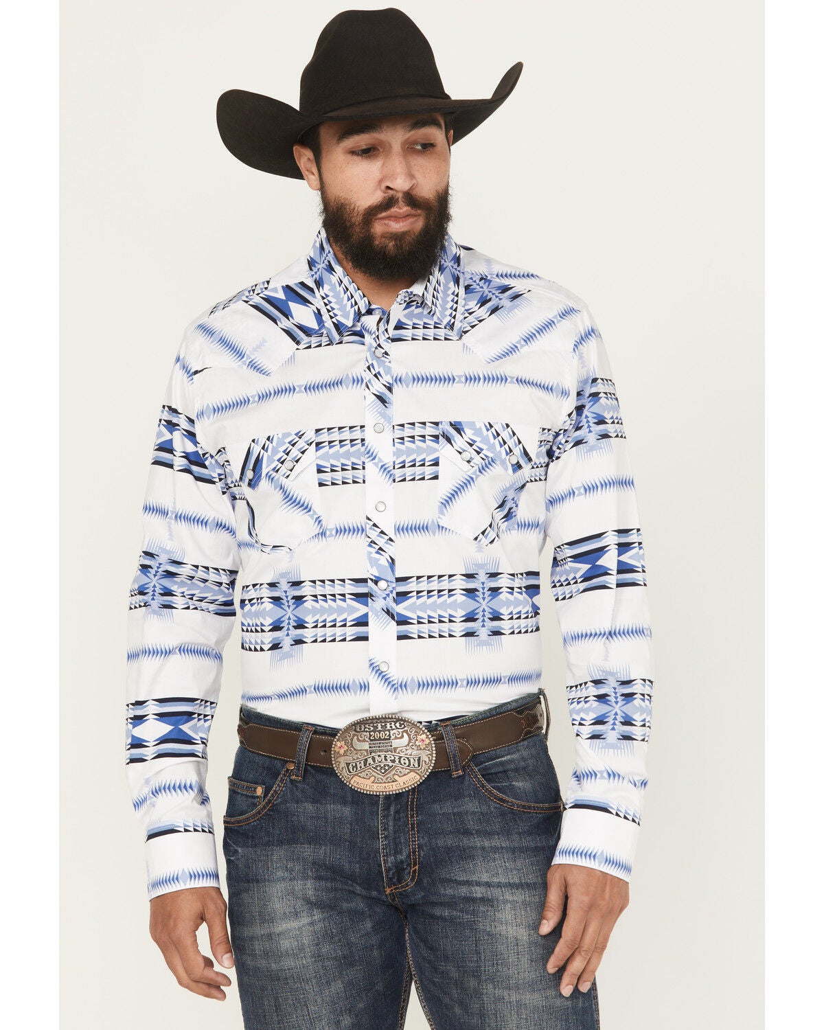 Rock & Roll Denim Men's Southwestern Print Long Sleeve Snap Stretch Western Shirt, White, hi-res