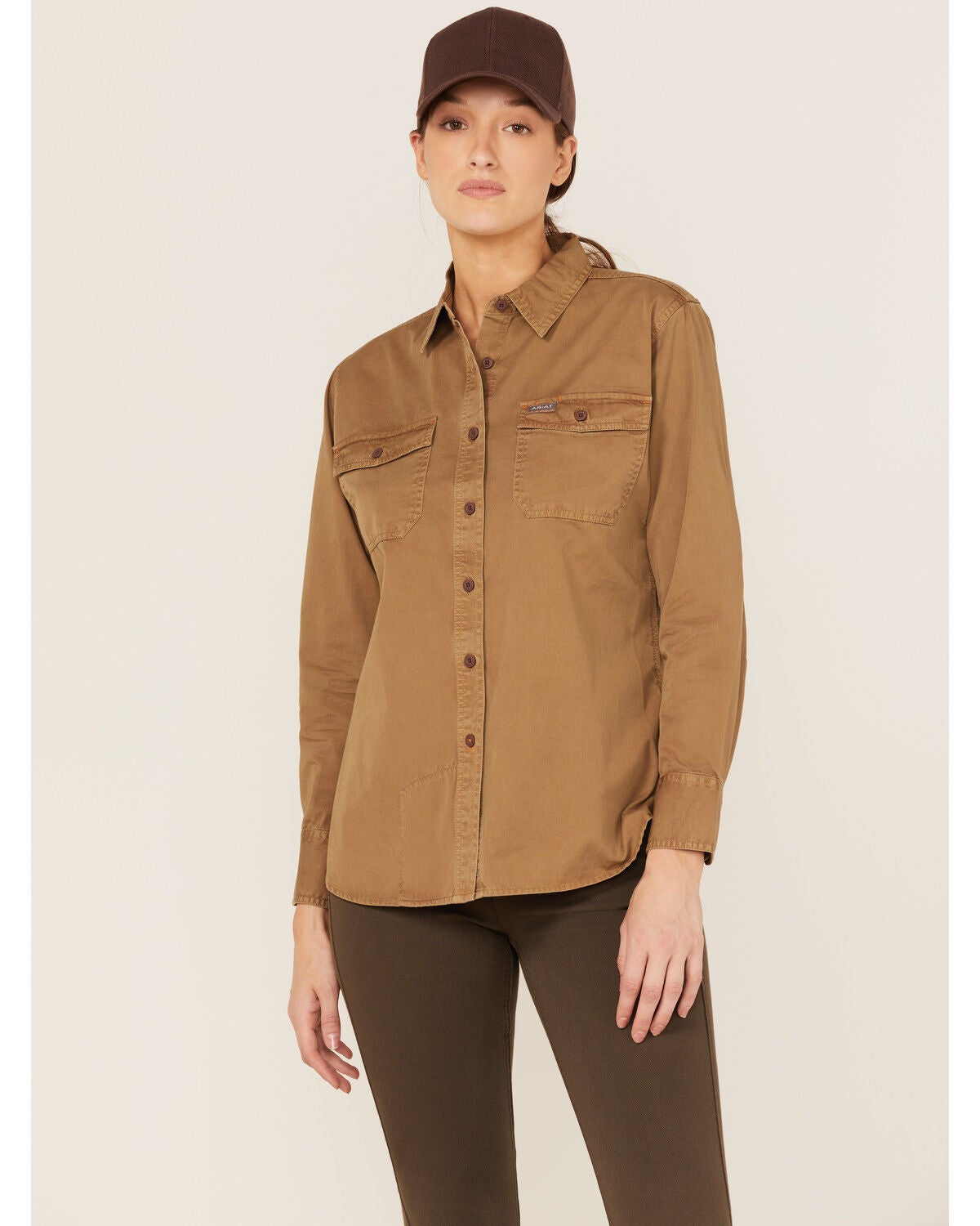 Ariat Women's Rebar Washed Twill Long Sleeve Button Down Work Shirt, Beige/khaki, hi-res
