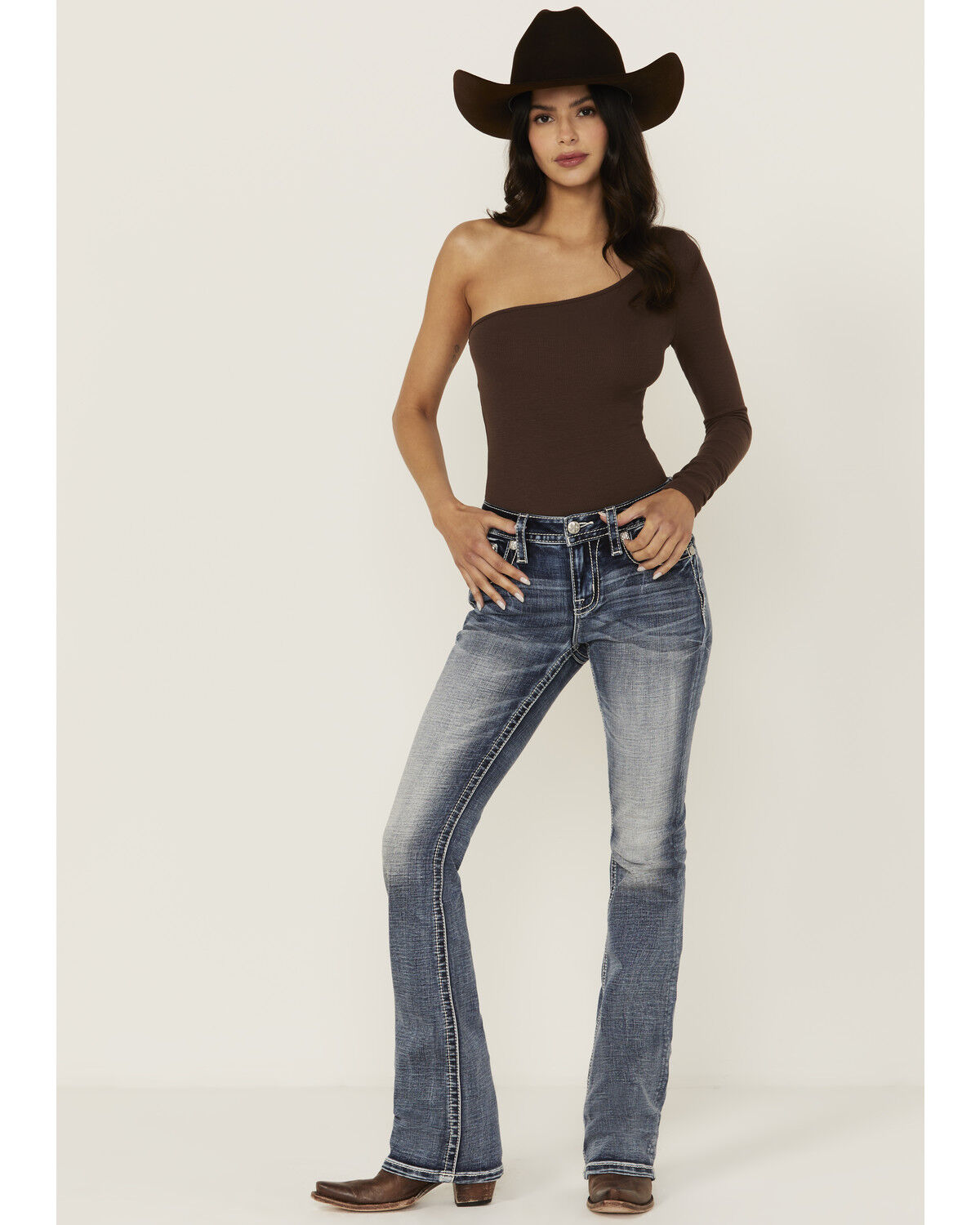 Product Name:  Miss Me Women's Medium Wash Mid Rise Floral Yoke Bootcut Stretch Denim Jeans