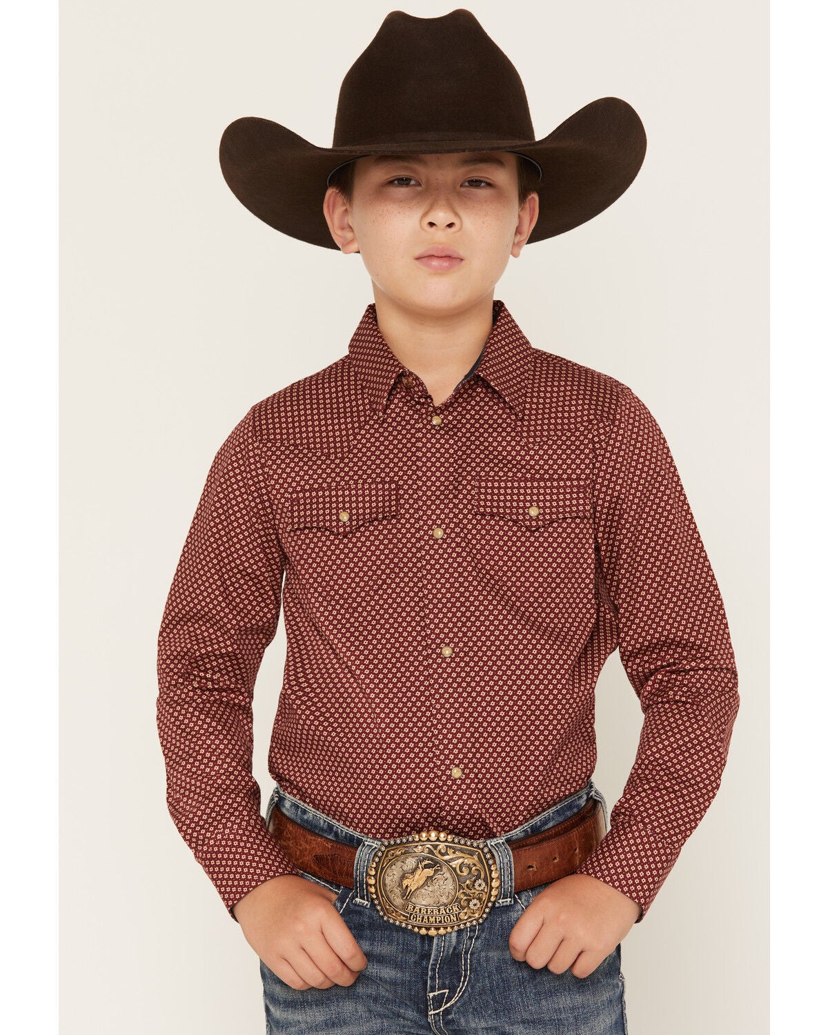Image #1 - Cody James Boys' NFR Geo Print Long Sleeve Snap Stretch Western Shirt, Burgundy, hi-res