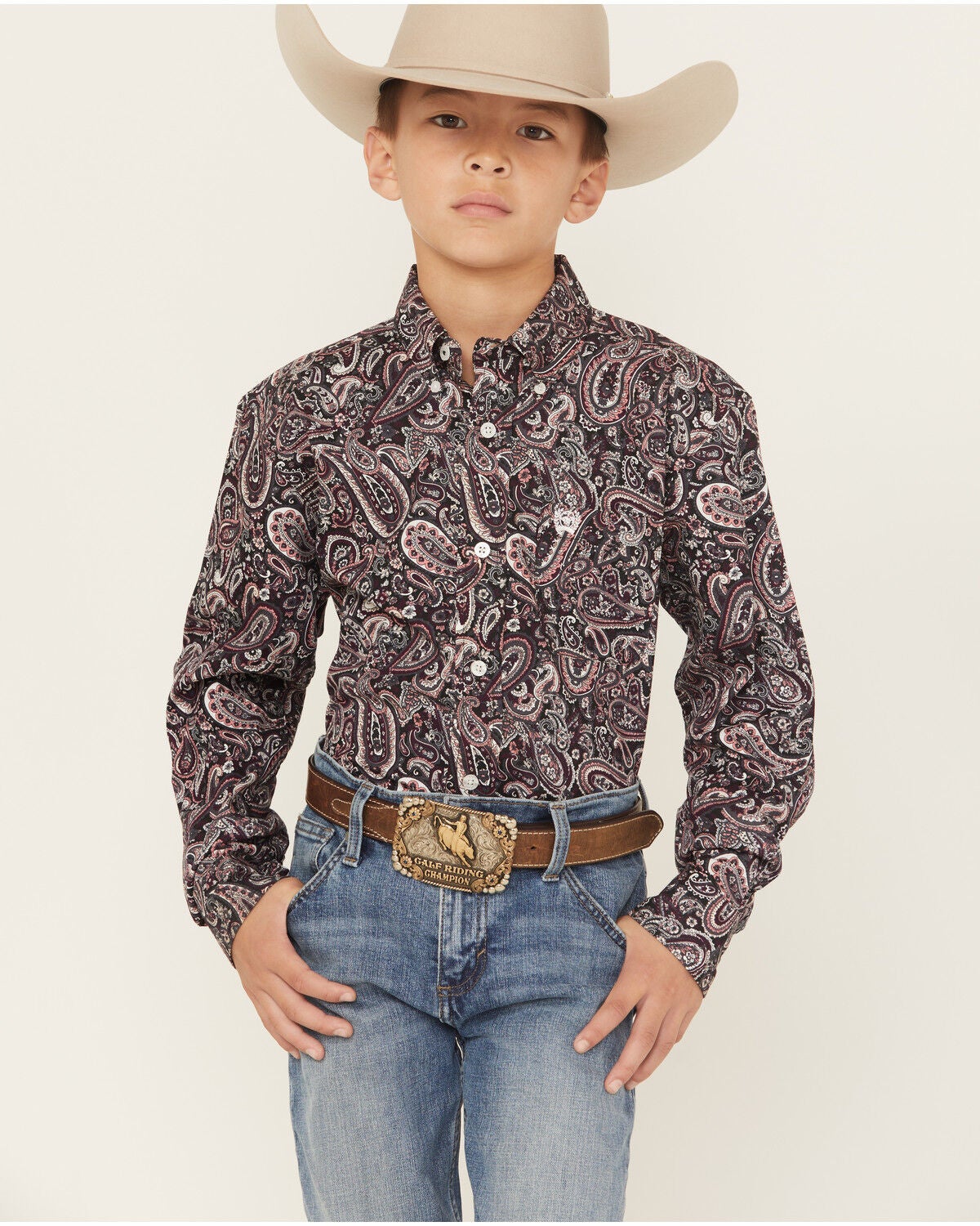 Cinch Boys' Paisley Print Long Sleeve Button-Down Western Shirt, Purple, hi-res