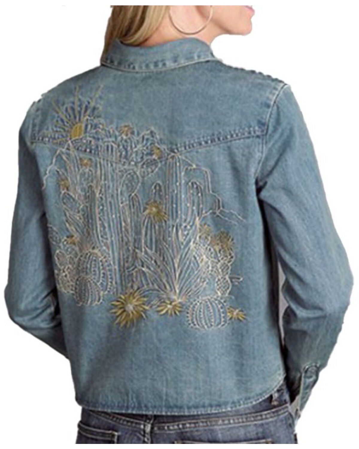 Stetson Women's Light Wash Sprint II Embroidered Long Sleeve Snap Cropped Denim Shirt, Light Wash, hi-res