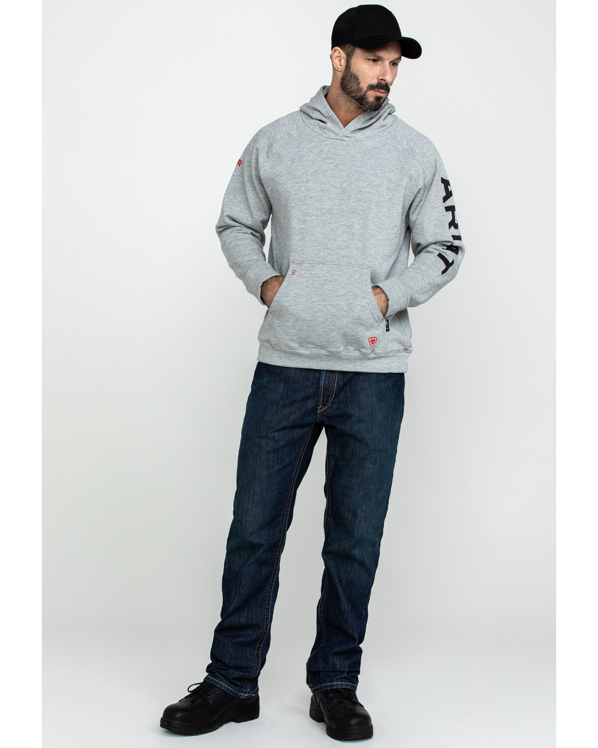 Image #6 - Ariat Men's FR Primo Fleece Logo Hooded Work Sweatshirt, Heather Grey, hi-res