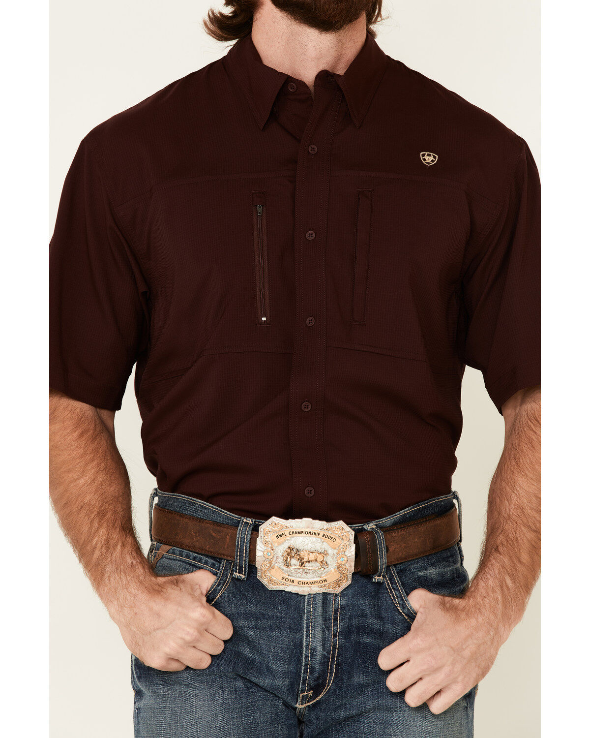 Image #3 - Ariat Men's Solid Maroon TEK Short Sleeve Button-Down Western Shirt, Burgundy, hi-res