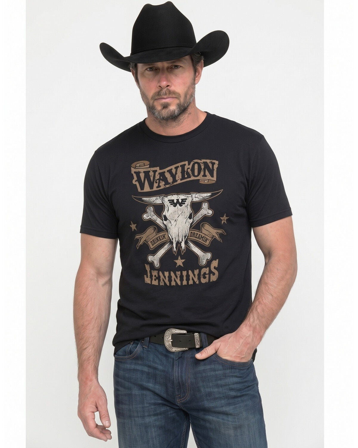Americana Men's Waylon Jennings Drinkin' Dreamin' Short Sleeve Graphic T-Shirt, Black, hi-res