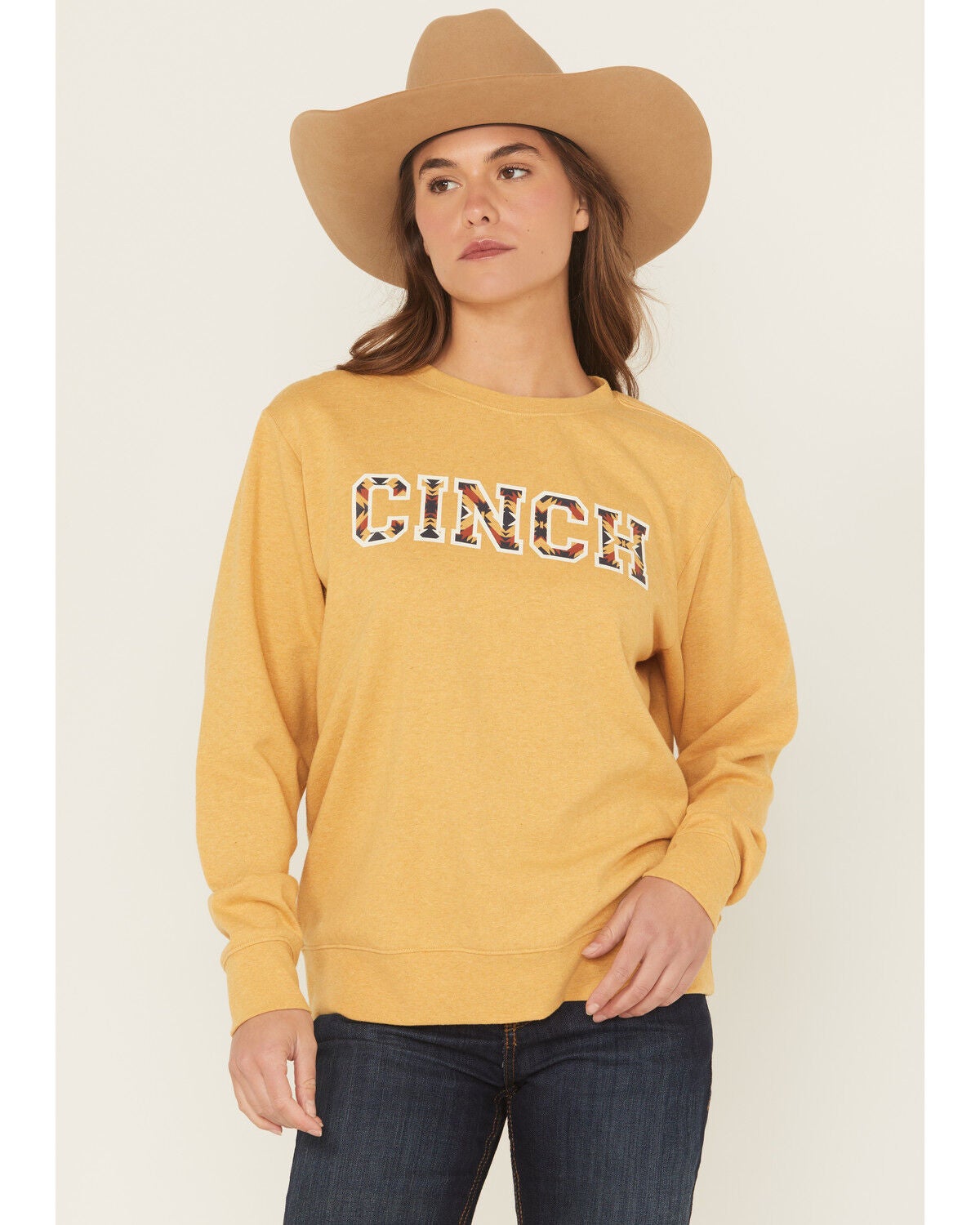 Cinch Women's Logo Graphic Crewneck, Gold, hi-res