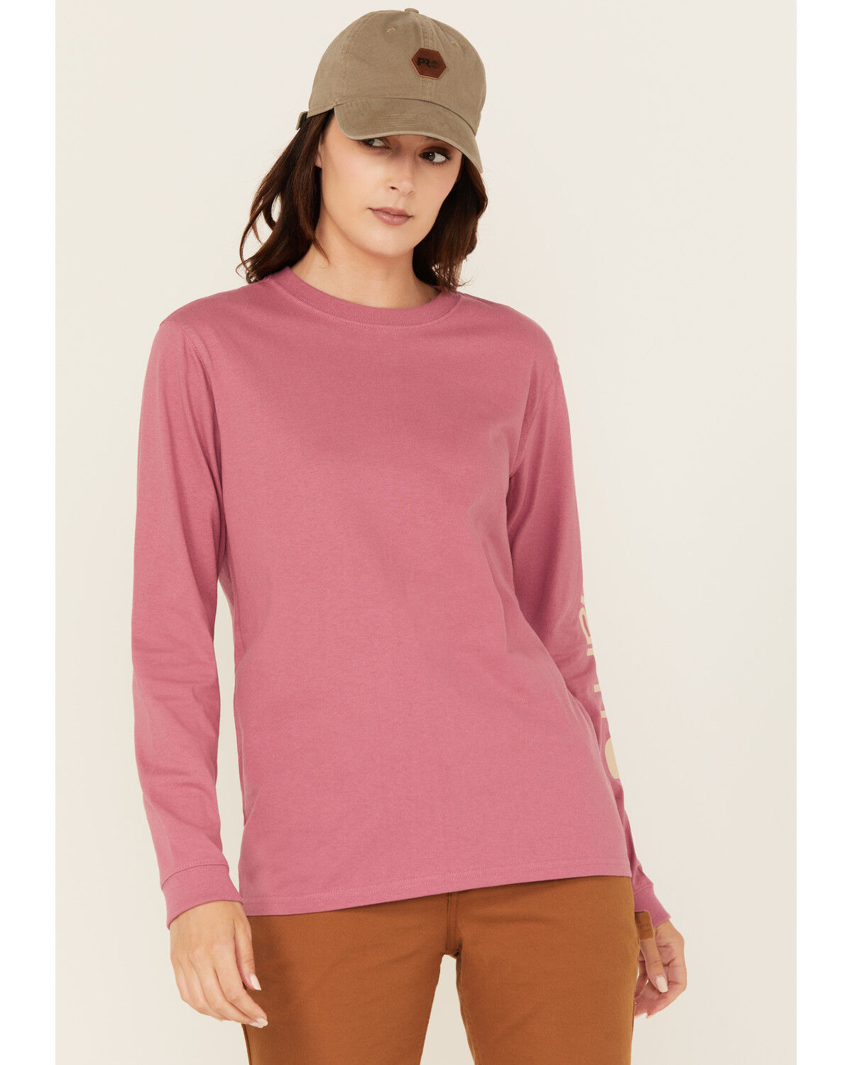 Image #1 - Carhartt Women's Loose Fit Heavyweight Long Sleeve Logo Graphic Work T-Shirt, Dark Pink, hi-res