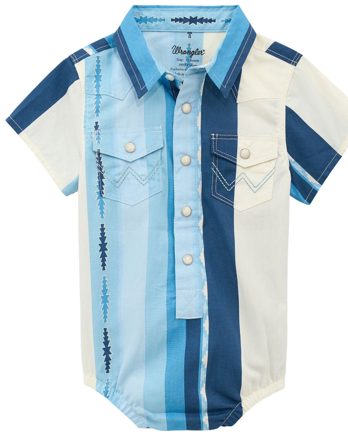 Wrangler Infant Boys' Southwestern Stripe Print Short Sleeve Snap Western Shirt, Blue, hi-res