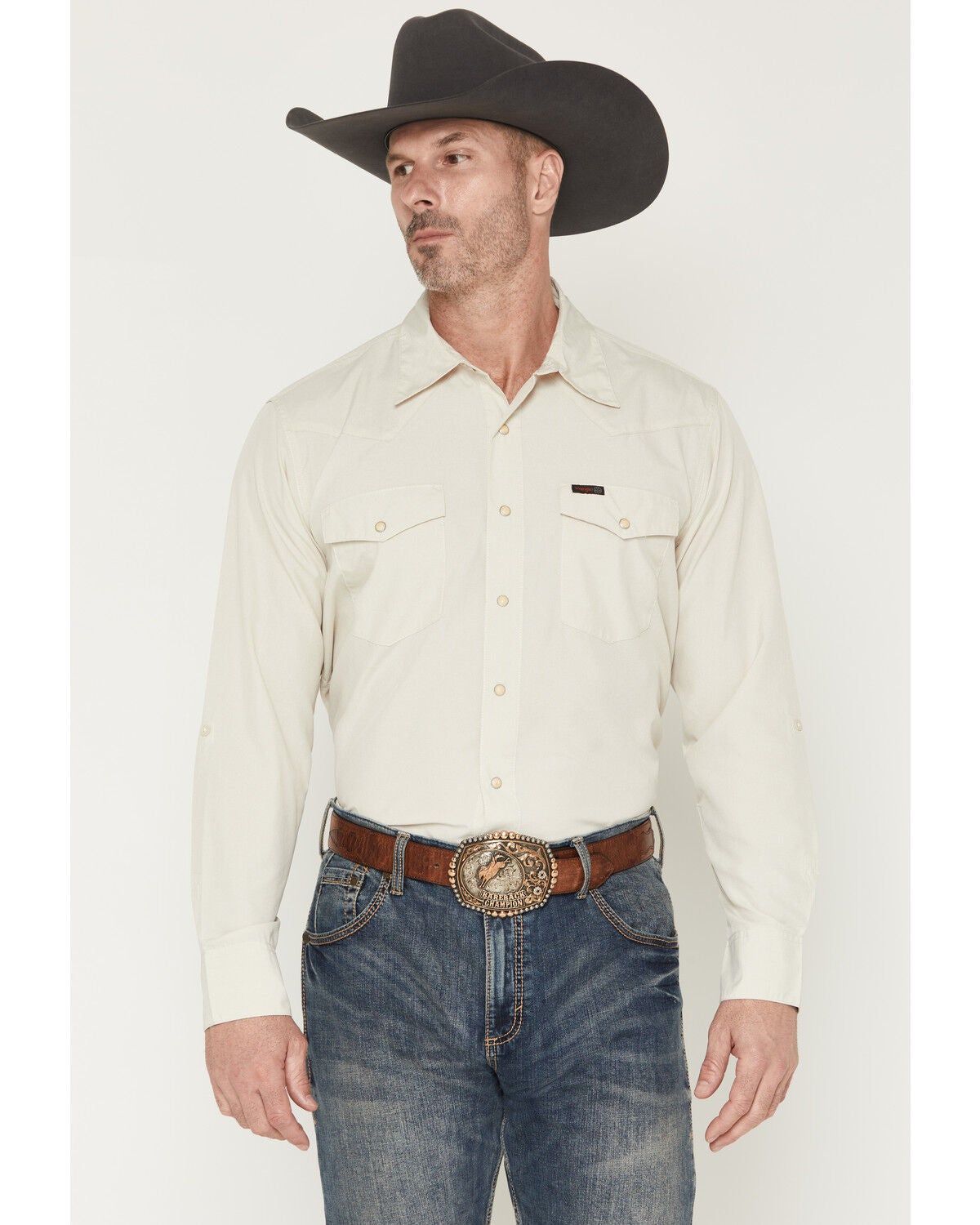 Wrangler ATG Men's Drover Utility Solid Long Sleeve Snap Western Shirt, Tan, hi-res