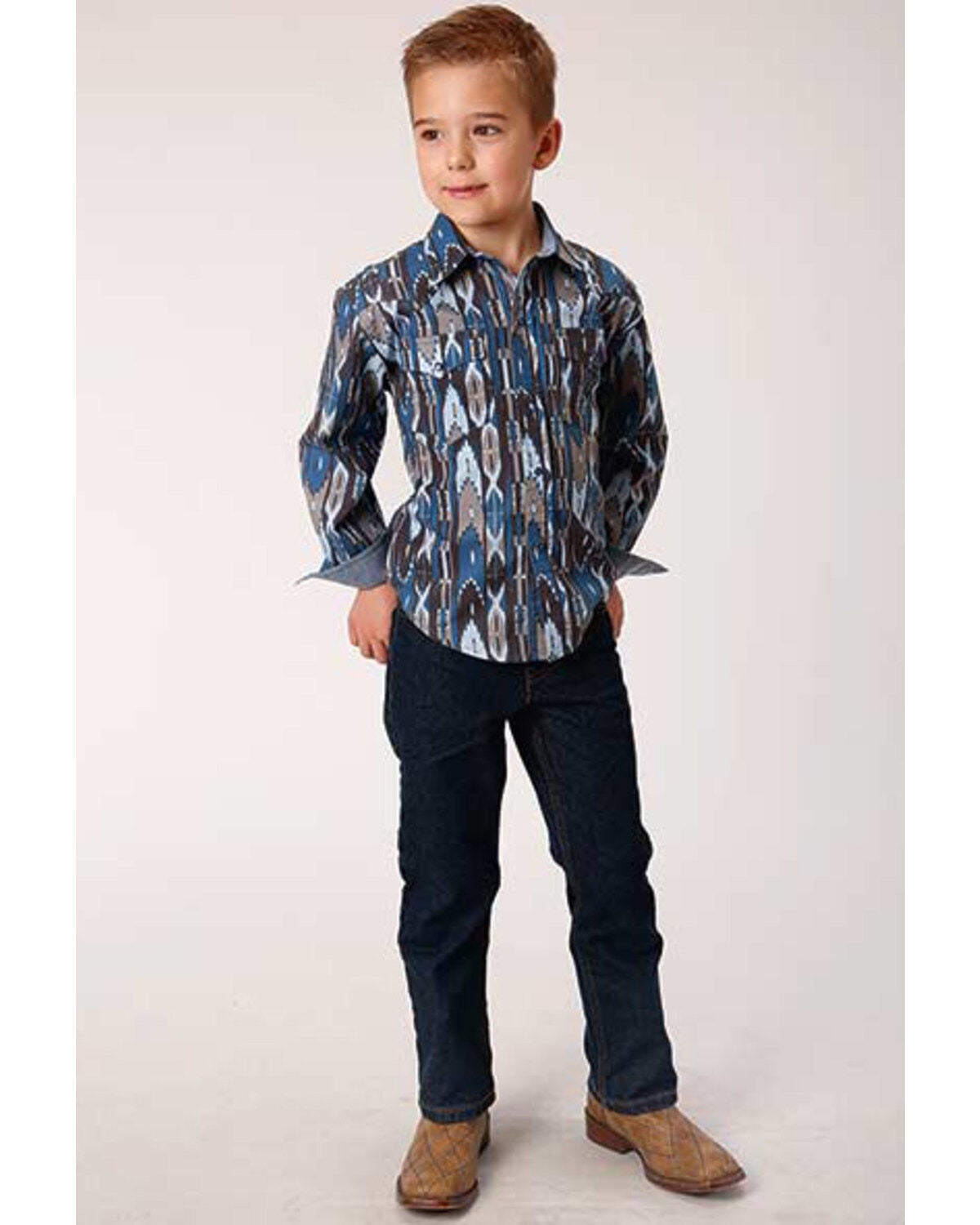 Image #3 - Roper Boys' West Made Midnight Southwestern Print Long Sleeve Western Shirt, , hi-res