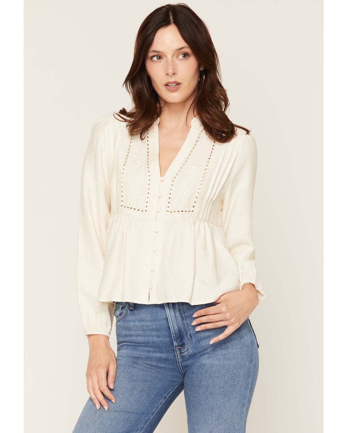 Wild Moss Women's Western Embroidered Long Sleeve Peasant Top, Cream, hi-res
