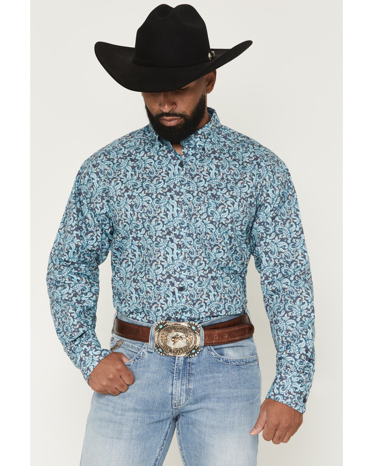 Ariat Men's Phelps Floral Paisley Long Sleeve Button-Down Western Shirt, Blue, hi-res