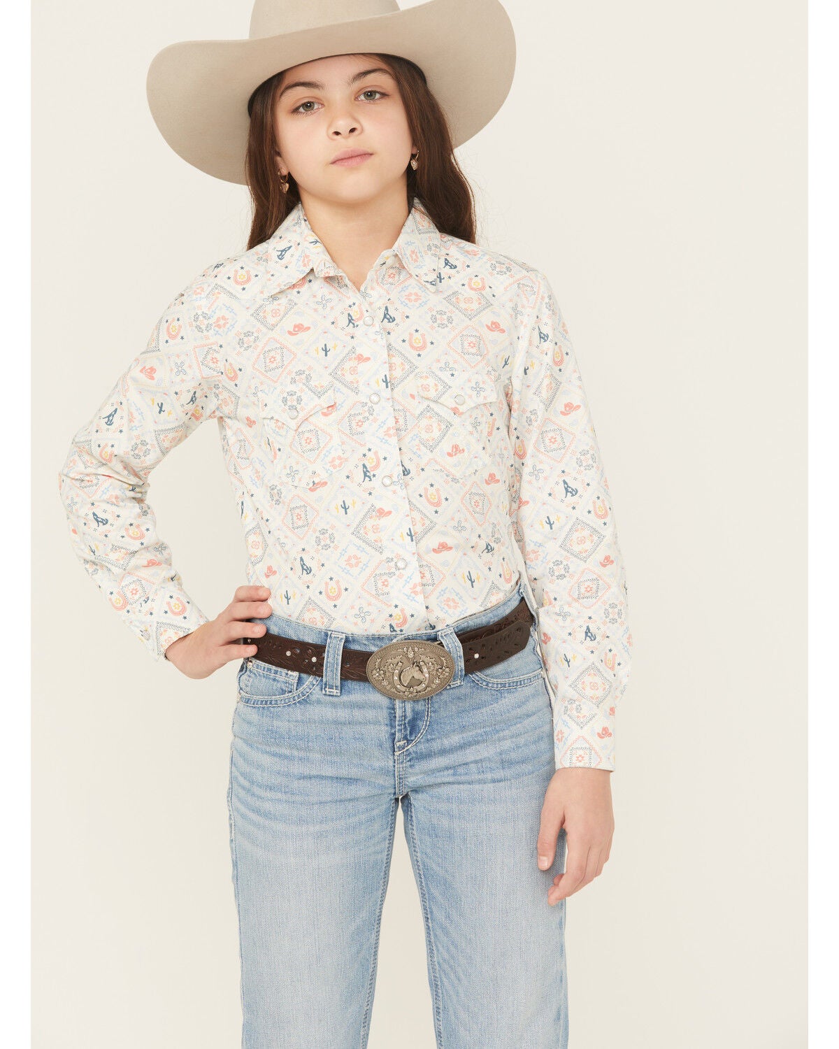 Panhandle Slim Girls' Conversation Print Long Sleeve Snap Western Shirt, Multi, hi-res