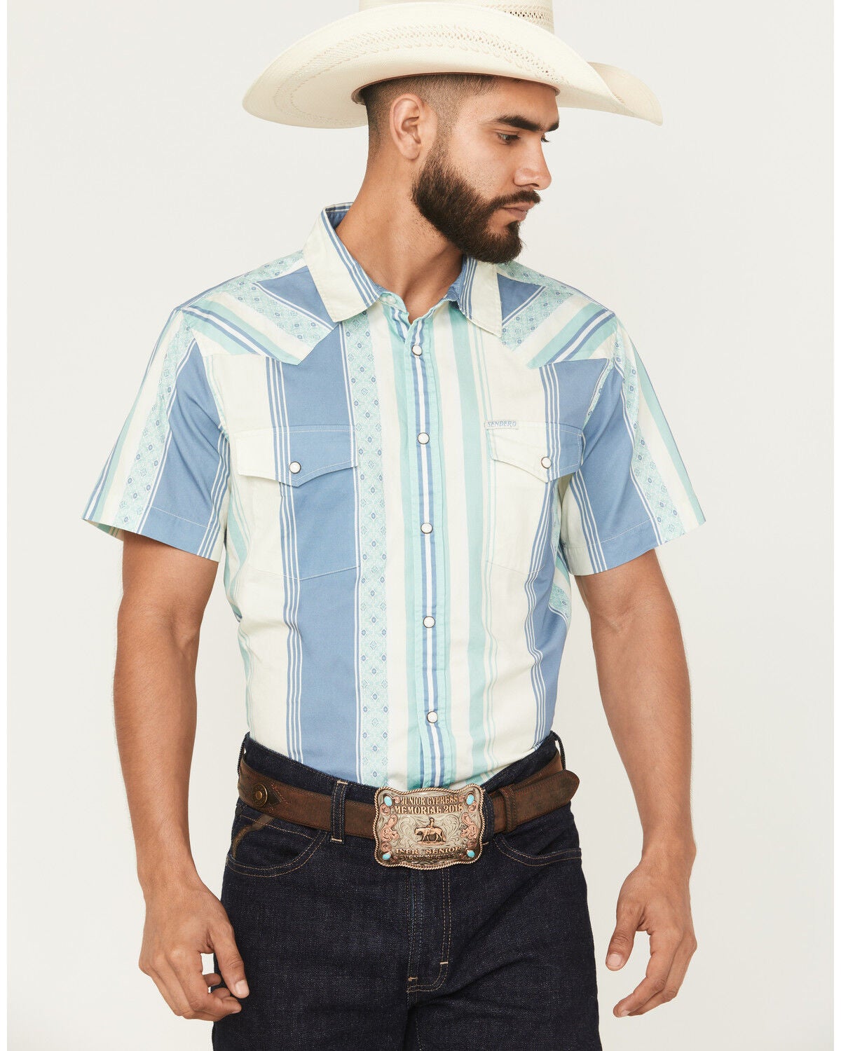 Sendero Provisions Men's Wyatt Serape Striped Print Short Sleeve Snap Western Shirt, Teal, hi-res