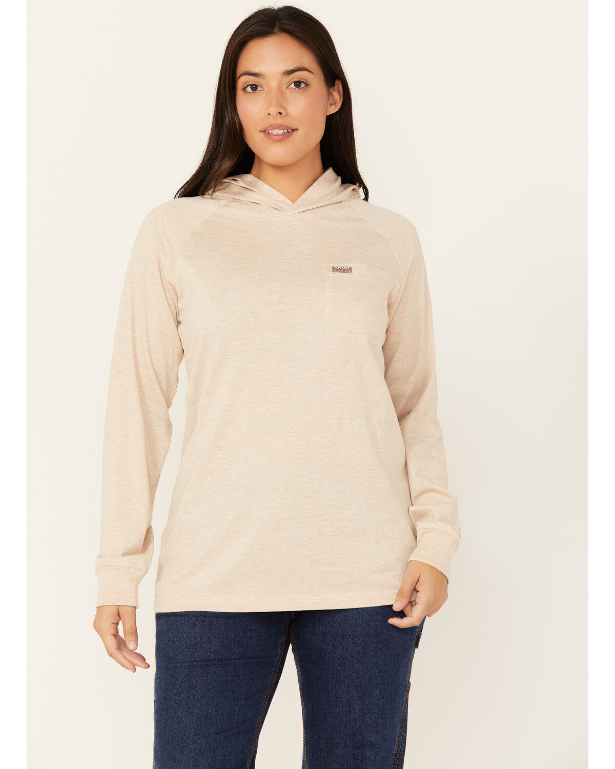 Image #1 - Ariat Women's Rebar Contrast Hooded Long Sleeve Work T-Shirt, Beige, hi-res