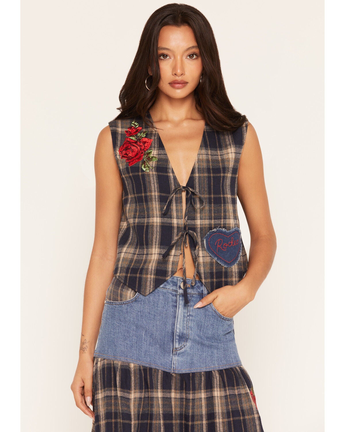 Rodeo Quincy X Boot Barn Women's Ranch Rodeo Plaid Print Lace-Up Vest, Blue, hi-res