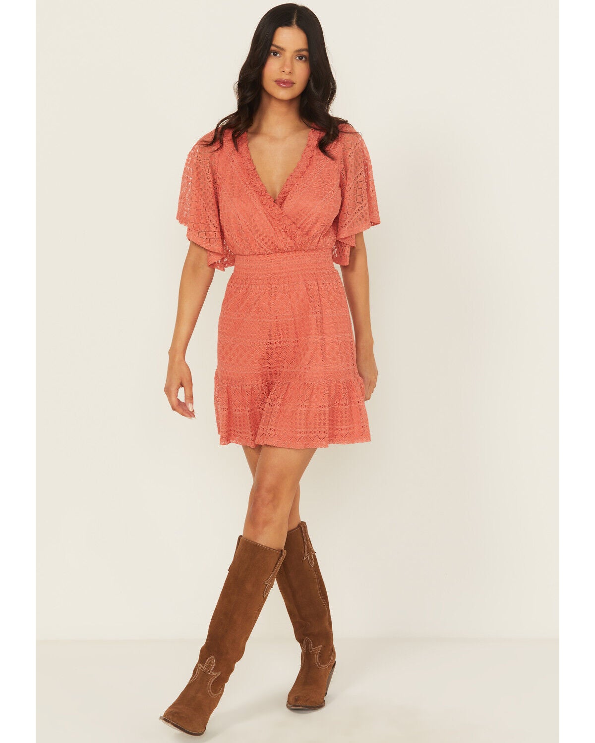 Shyanne Women's Faux Wrap Lace Mini Dress, Dark Pink, hi-res