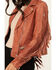 Mauritius Leather Women's Zoe RF Fringe Sleeve Leather Moto Jacket , Rust Copper, hi-res