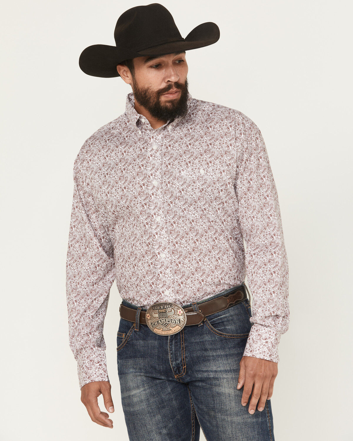 Image #1 - Wrangler Men's Paisley Print Long Sleeve Button-Down Stretch Western Shirt - Tall, Burgundy, hi-res