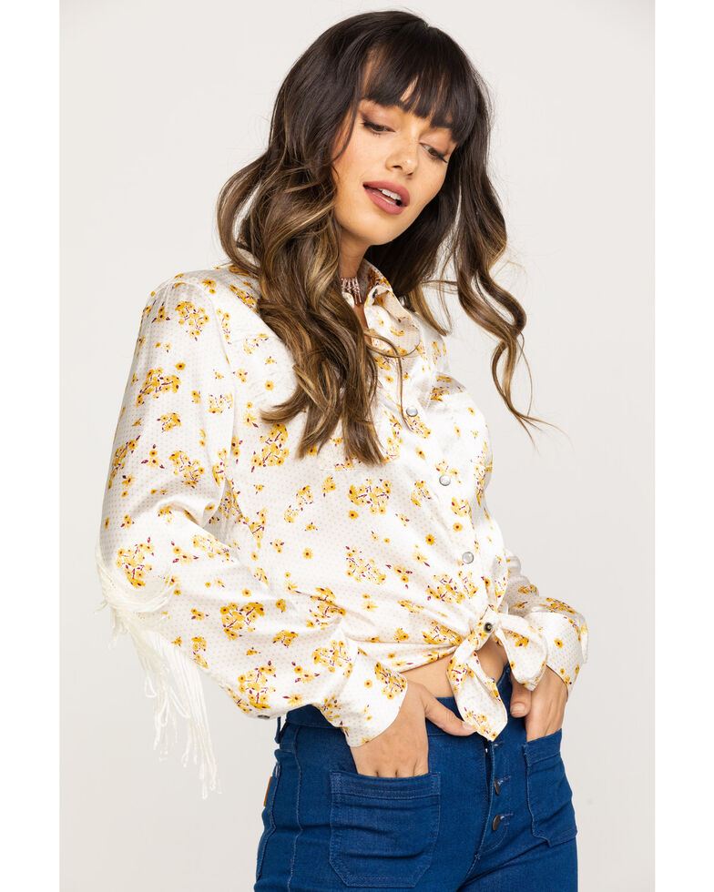 Rock & Roll Cowgirl Women's Ivory Floral Fringe Long Sleeve Rodeo Shirt ...