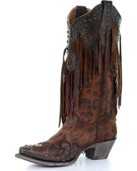 Corral Women's Leopard Stud & Fringe Western Boots - Snip Toe, Honey, hi-res