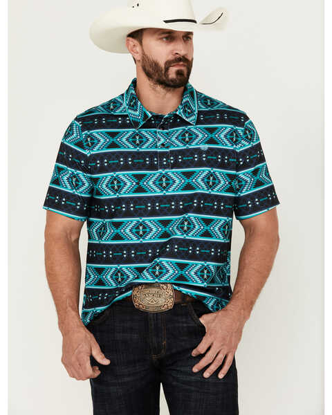 Panhandle Men's Southwestern Print Short Sleeve Performance Polo Shirt , Turquoise, hi-res